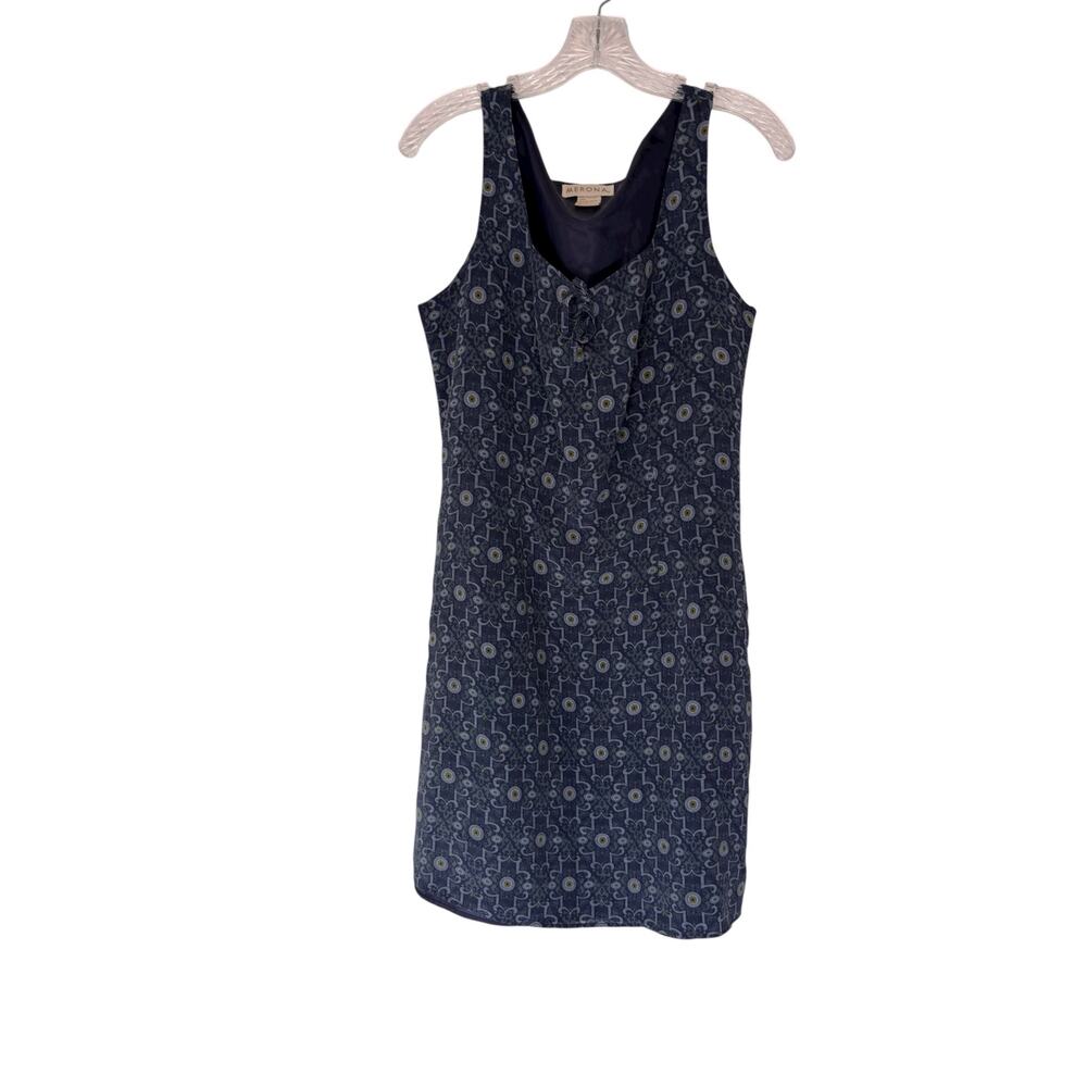 Merona Dress Silk Blue Vintage 90s‎ Sleeveless Geometric Print Tie Front Size 14